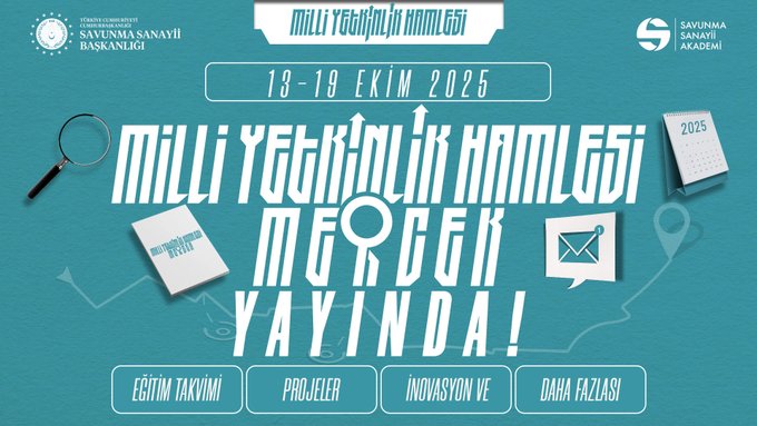 Promotional graphic on teal background featuring text Milli Yetkinlik Hamlesi 2025 dates 13-19 Ekim 2025 magnifying glass icon over book titled Milli Yetkinlik Hamlesi Mercek logos of Savunma Sanayii and other elements like project innovation data analysis icons