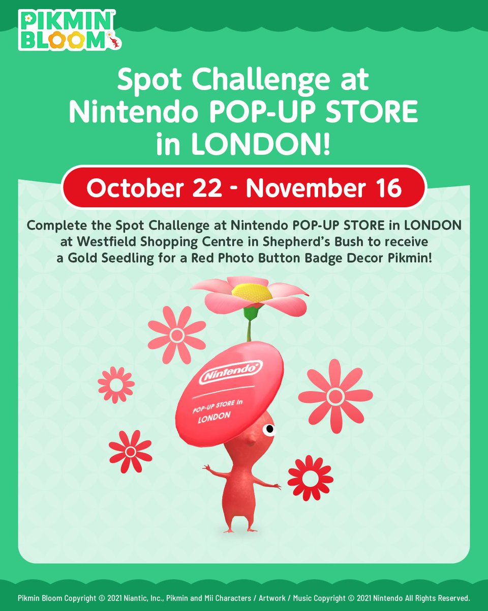 PikminBloom's tweet image. 🇬🇧 Pikmin are popping up in London! 🌱✨
From Oct 22 to Nov 16, visit Nintendo POP-UP STORE in LONDON at Westfield Shepherd’s Bush to take on a special Spot Challenge!
Clear it to earn a Gold Seedling that grows into a Red Photo Button Badge Decor Pikmin! 🎁
Don’t miss…
