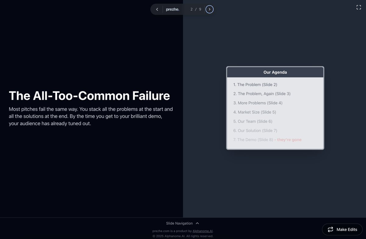 prezhecom's tweet image. Most pitches fail the same way. You stack all the problems at the start and all the solutions at the end. By the time you get to your brilliant demo, your audience has already tuned out.
Learn more: tryprezhe.com