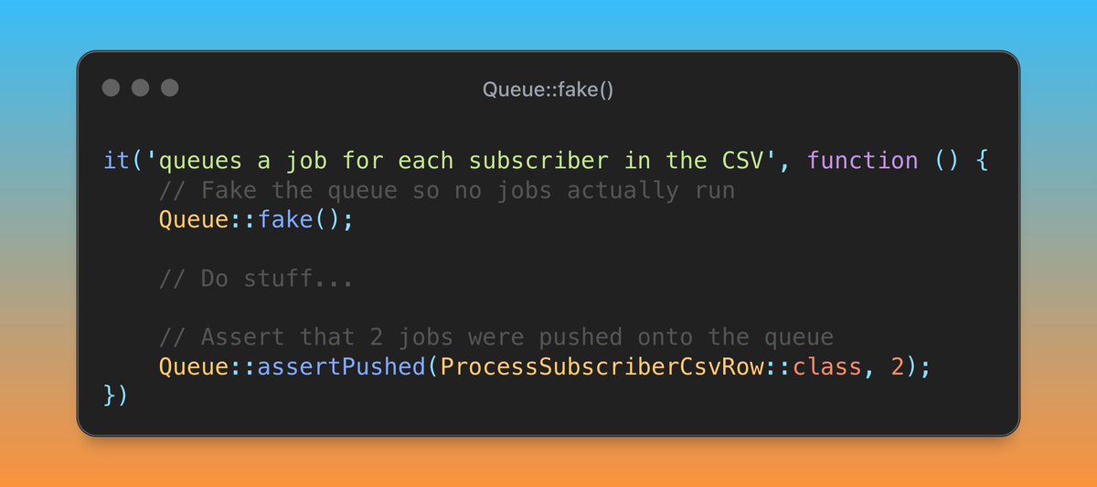 garyclarketech's tweet image. Using Queue::fake() in Laravel tests to check jobs were dispatched without actually running them 🧐
From my Testing Laravel course - Oct 31 🎯
#Laravel #PestPHP