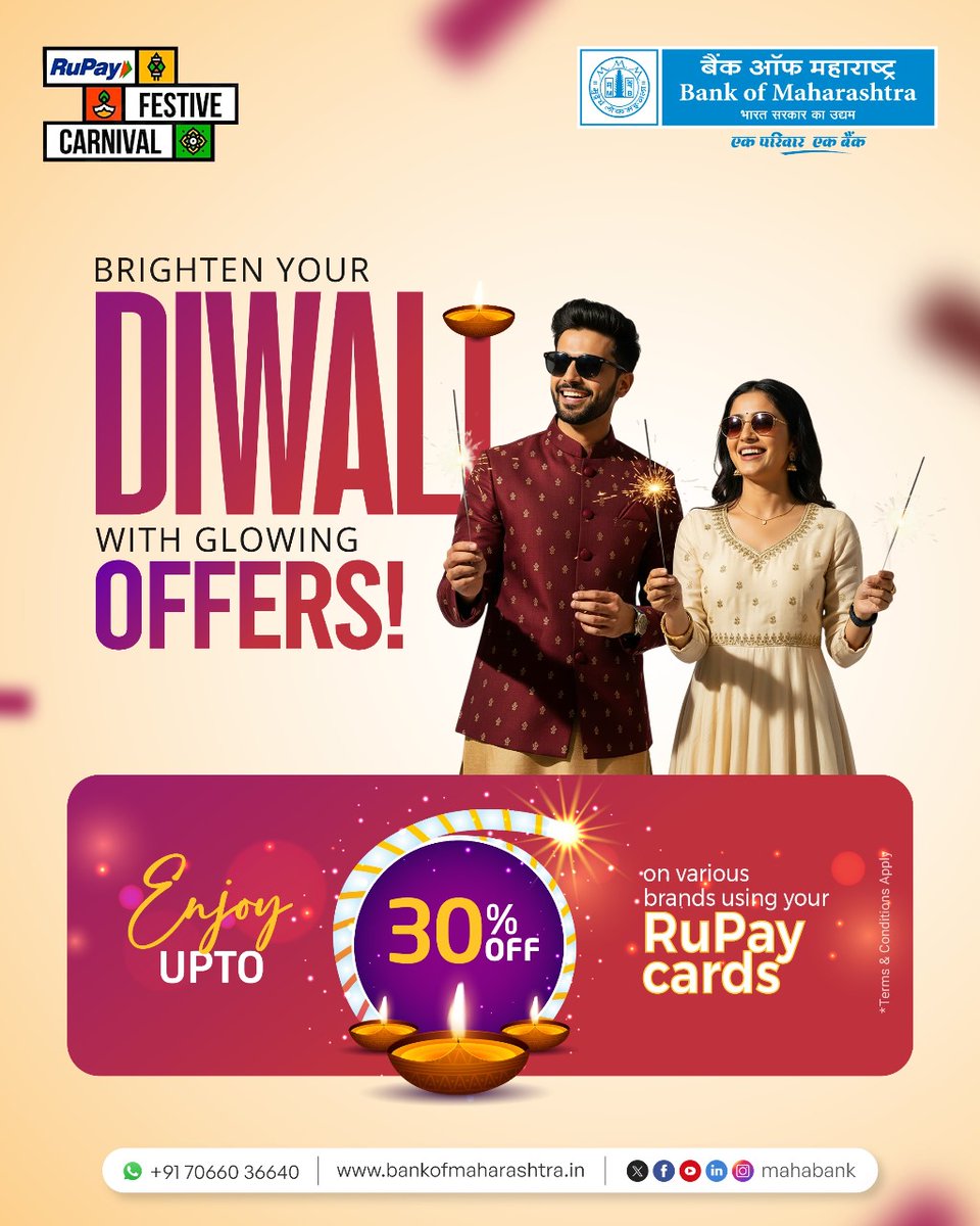 mahabank's tweet image. This Diwali, let your card carry the sparkle. Bank of Maharashtra RuPay cards bring you a festive carnival of glowing deals. Swipe into celebration with up to 30% OFF on your favourite brands.

Click to explore rupay.co.in/rupay-festive-…

#DiwaliCarnival #Diwali #RuPayOffers
