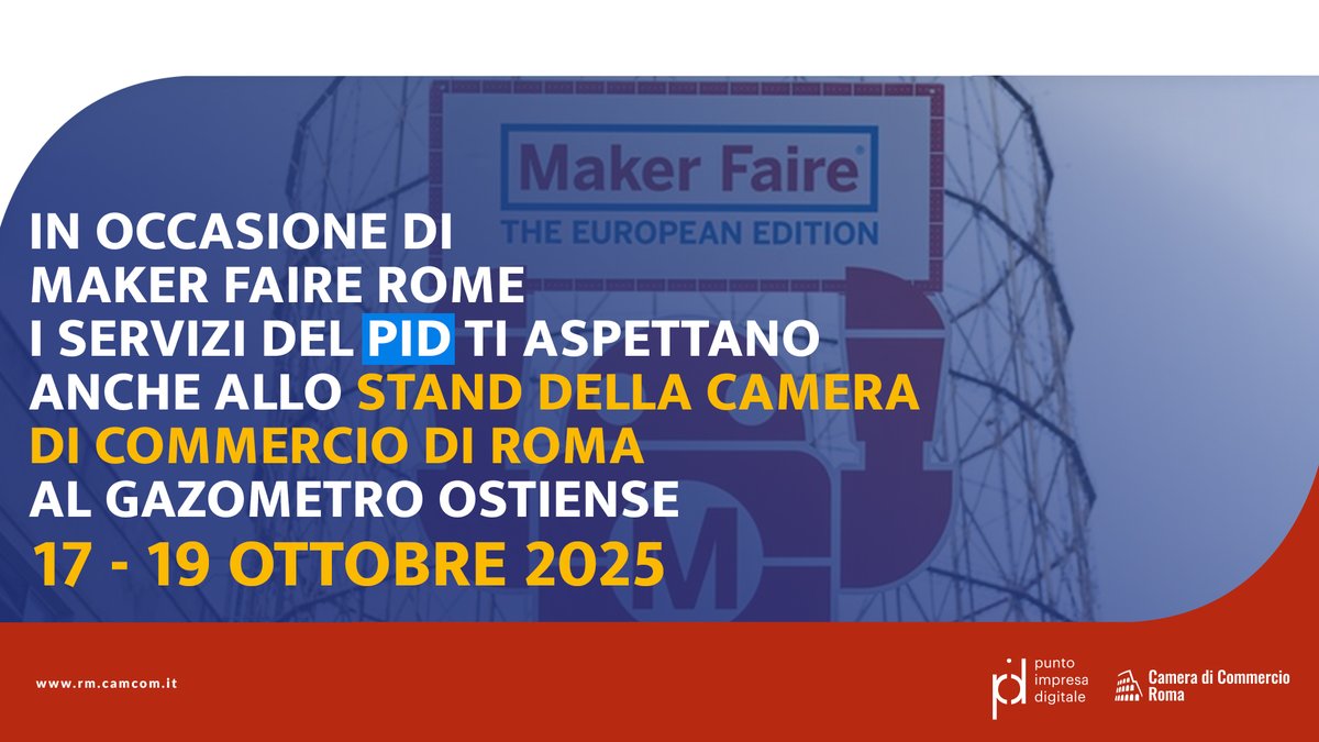 MakerFaireRome's tweet image. 🔎Il PID - Punto Impresa Digitale della Camera di Commercio di Roma ti aspetta a #MFR2025!

Hai un' #impresa?  Visita lo spazio #PID al Gazometro Ostiense! Potrai richiedere:
🔹il rilascio dello SPID
🔹l'attivazione del Cassetto Digitale dell'Imprenditore
🔹il rilascio della