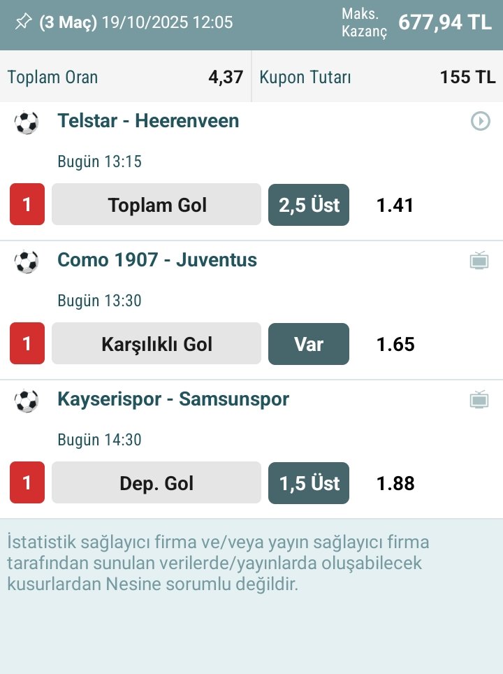 nes1nealonewolf's tweet photo. 19.10 2025 günün ilk kombine kuponu 4.37 oranla holanda liginde bol gollü bir maç bekliyorum. Como maçında kendi sahasında üretken bir takım kg var olacağını düşünüyorum Samsun kayseri karşısında favori 2 gol bulacaklardır. Bol şans🍀🍀🍀🍀
#iddaa #iddatahmin #LiveBet #nesine #kupondas #alonewolf34 #canliBahis