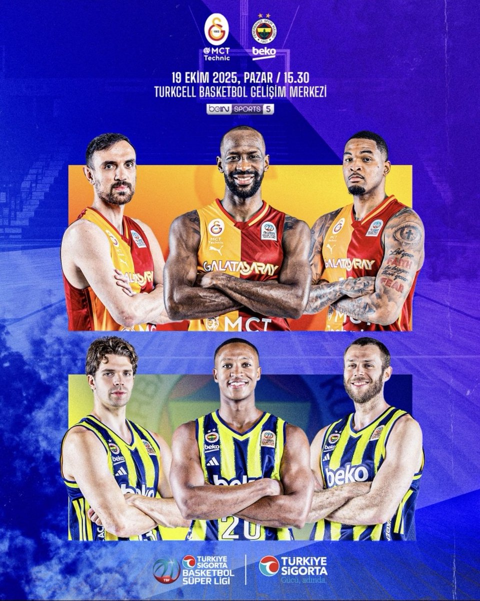 🏀 Basketbol Süper Liginde sezonun ilk derbisi 
🟡🔴 Galatasaray MCT Technic
🔵🟡 Fenerbahçe Beko 
🎙Maçın anlatımında İhsan Bayülken ile birlikteyiz 
🎤 Röportajlarda <a href="/pinarilik/">Pınar İlik Üçer</a> 
📺 <a href="/beINSPORTS_TR/">beIN SPORTS Türkiye</a> 5
⏰️ 15.30