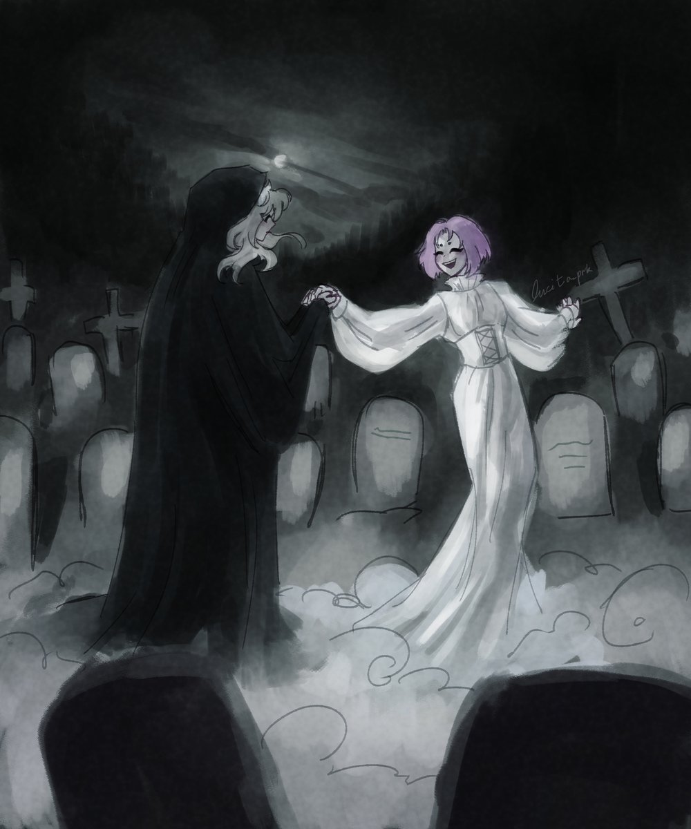 #BllkHalloweek25 #nagireo #femlock
Day 1: Graveyard 🪦💞

So.. I didn't end up with a *finished* drawing (by my own standards) but at least this drawing has a cool atmosphere methinks