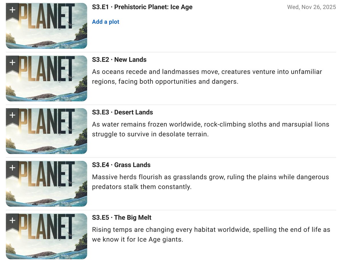 The #PrehistoricPlanet S03 episode storylines have been updated on IMDB. Based on the synopsis provided by the original press release, the first episode might be 'The Big Freeze' or 'Tundra Lands'.
Take this with a BIG grain of salt.
(Still no new trailer...)