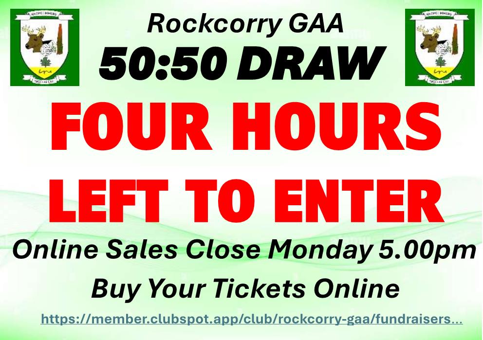 Hello everyone,

Don’t miss your chance to win big in our 50/50 Jackpot Draw – there’s just FOUR HOURS to go!

Get your tickets and be in with a chance of taking home the prize.

Tickets are available online and entry closes at 5.00PM (today)

Its quick and easy to purchase. To