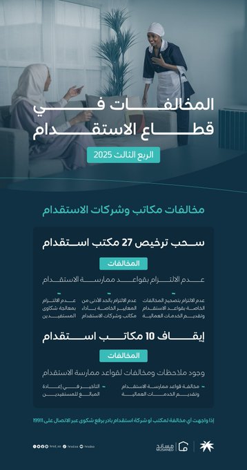 Infographic in blue tones showing two women in traditional Saudi attire, one holding a tablet and the other a phone, standing near a potted plant in an office setting, with Arabic text overlays including phrases like مخالفات الاستقدام and dates for 2025, logos of Musaned and Qiwa at the bottom.