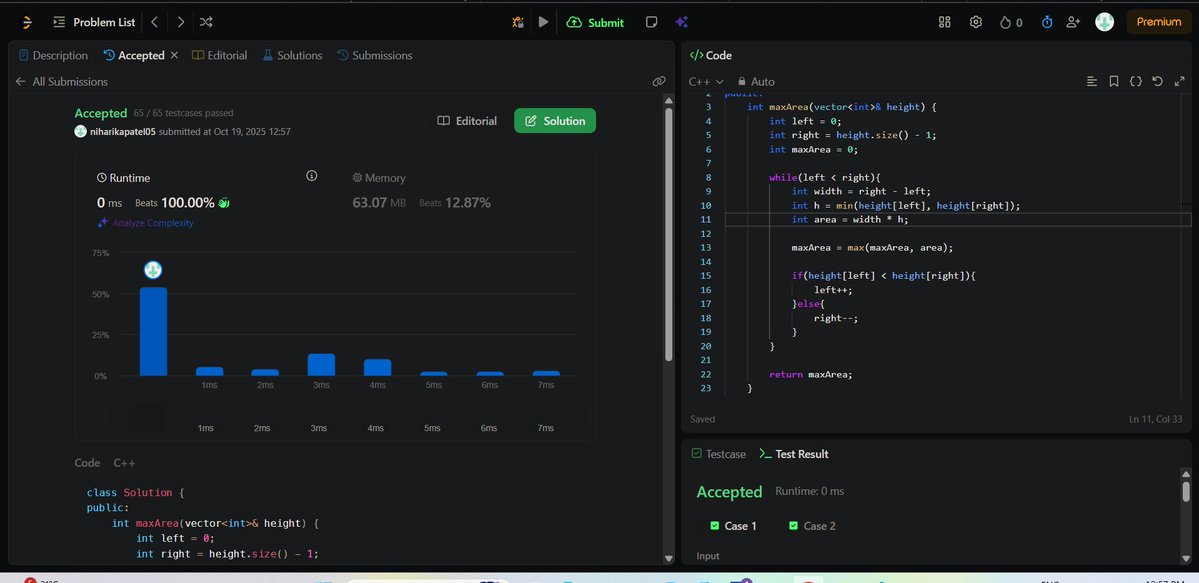 PatelNiharika05's tweet image. 🗓️ Day : 8/100
✅ Solved LeetCode problem 11 : Container with most water.
#100DaysOfCode #DSA #100DaysOfchallenge