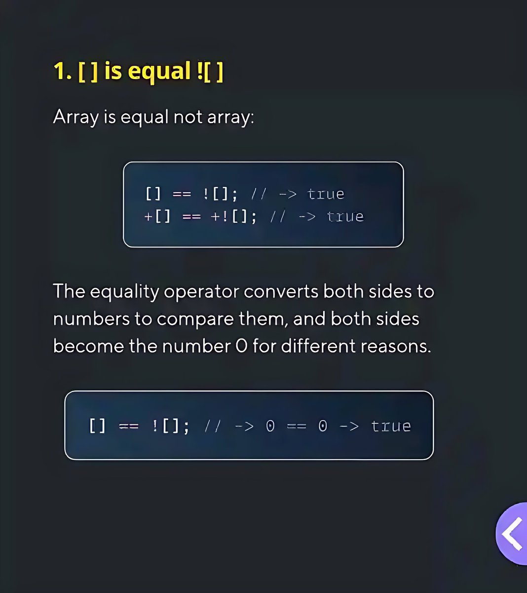11xcoder's tweet image. Unlocking the secrets of JavaScript equality and type coercion. 🔑 It's not a bug, it's a feature! (A weird one, but a feature.)
#JSHacks #JavaScriptTips #Programmer
