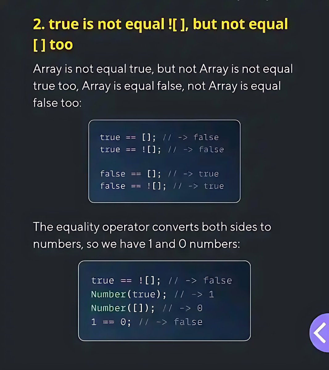 11xcoder's tweet image. Unlocking the secrets of JavaScript equality and type coercion. 🔑 It's not a bug, it's a feature! (A weird one, but a feature.)
#JSHacks #JavaScriptTips #Programmer