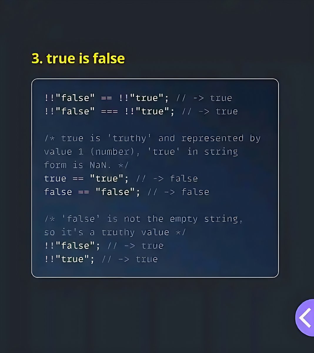 11xcoder's tweet image. Unlocking the secrets of JavaScript equality and type coercion. 🔑 It's not a bug, it's a feature! (A weird one, but a feature.)
#JSHacks #JavaScriptTips #Programmer