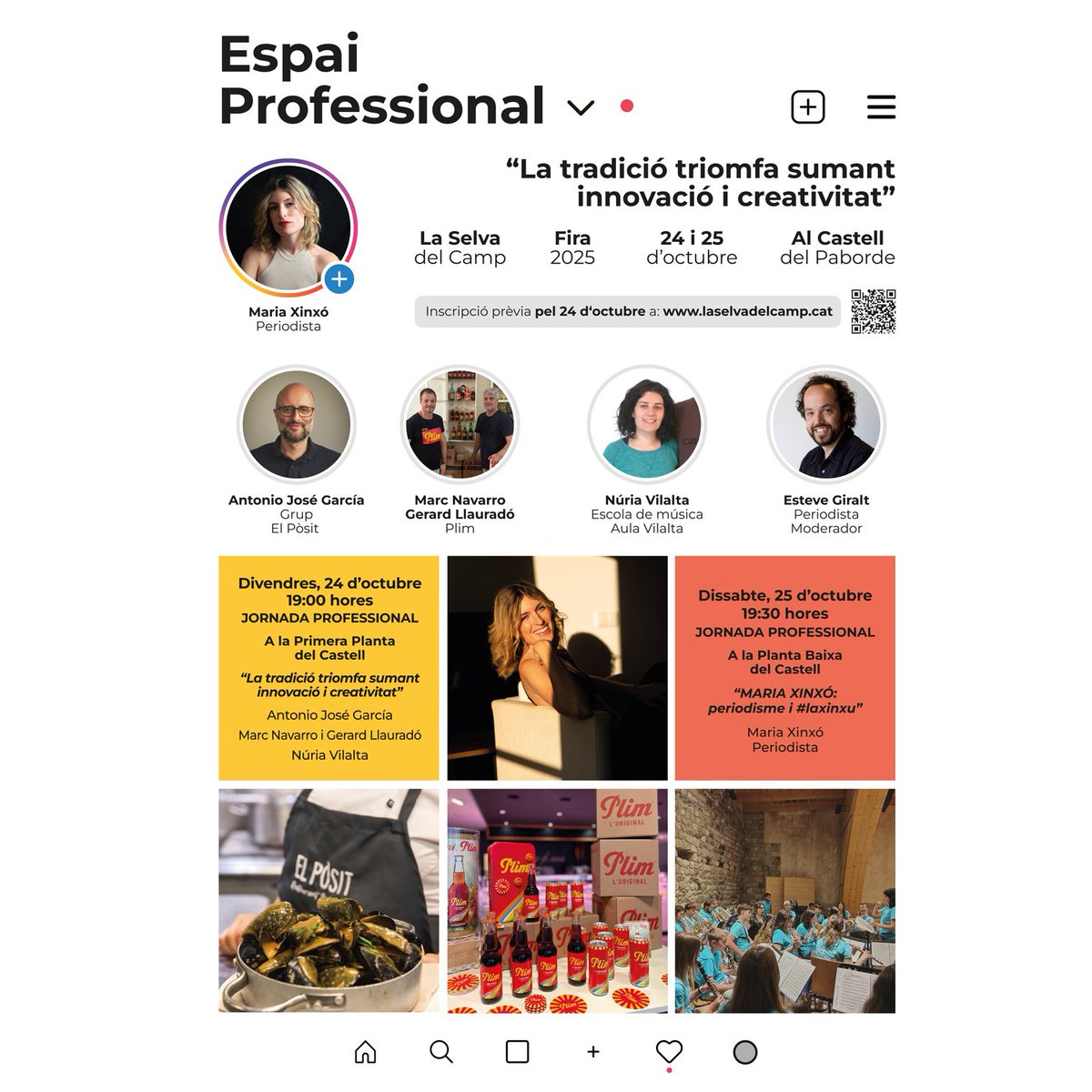 Ja tenim programa de l'Espai Professional #Fira2025 la Selva del Camp! Enguany amb l'organització del periodista <a href="/estevegiralt/">Esteve Giralt</a> Les xerrades i networkings segueixen en la seva 12a edició al Castell, amb nova empenta 💪 T'ho perdràs???

<a href="/mariaxinxo/">Maria Xinxó Morera</a> 
#plim
<a href="/elposit_rest/">El Pòsit</a>
#aulavilalta