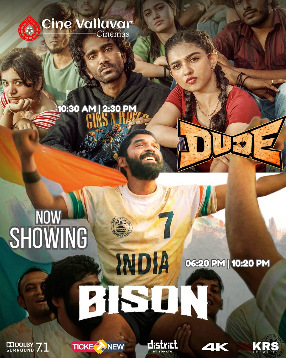 DOUBLE BLAST ALERT! Now Showing! ✨
#Palani, it’s time to turn the volume UP🔥
This weekend, the big screen at  #CineValluvarCinemas roars with two power-packed Tamil blockbusters💥
#DUDE #Bison #DhruvVikram #AnupamaParameswaran #Pasupathy #PradeepRanganathan #MamithaBaiju