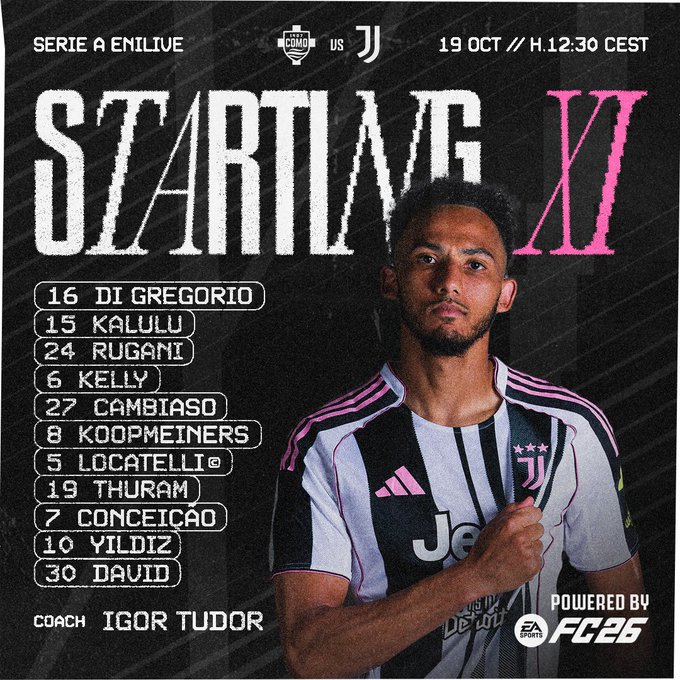Graphic displays Serie A match lineup for Como versus Juventus on October 19 at 12:30 CEST with Juventus starting XI including 16 Di Gregorio 15 Kalulu 4 Rugani 27 Bremer 5 Locatelli 18 Thuram 17 Kolo Muani 20 Conceicao 24 Cambiaso 30 David coach Igor Tudor Juventus player in black and white striped kit facing forward Juventus logo and EA Sports FC powered by text