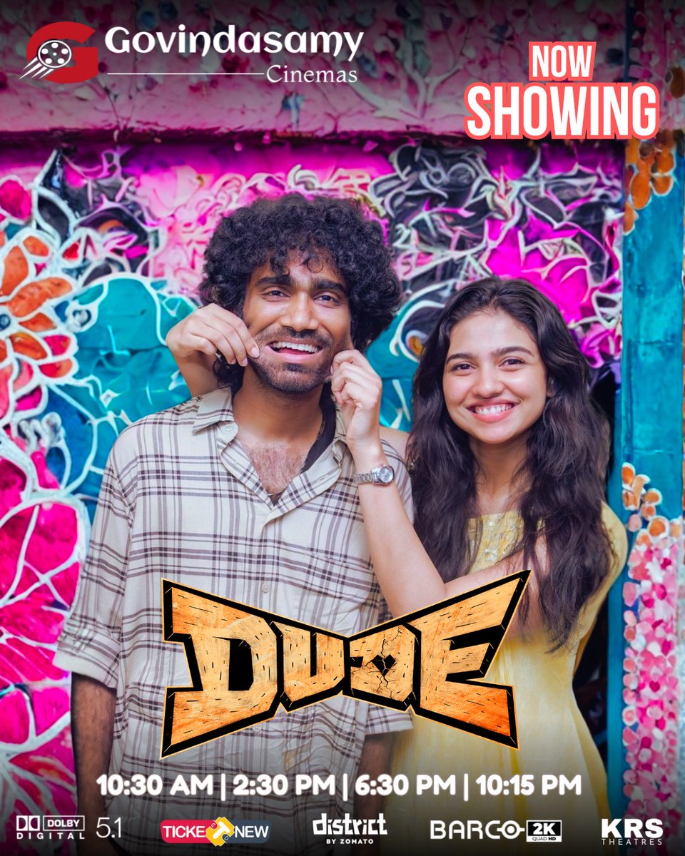 #Dude From Today!🎬
#Batlagundu, it’s time to vibe with the ultimate rom-com energy💥
The most awaited #Dude starring #PradeepRanganathan, #MamithaBaiju &amp; #Sarathkumar is now playing at #GovindasamyCinemas🔥

📅 Book your seats now — before they’re gone full!