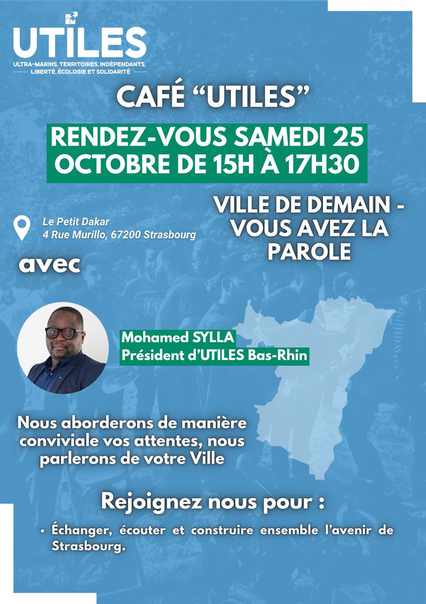 Rendez-vous citoyen à #Strasbourg !
Je serai présent le samedi 25 octobre 2025 (15h-17h30) au Le Petit Dakar (4 rue Murillo) pour échanger autour du Cahier de doléances citoyen 🗳️
Chaque voix compte pour bâtir un projet humain et participatif pour #Strasbourg2026 
Viens partager