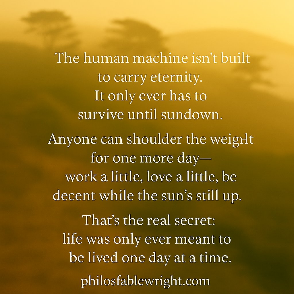 PFablewright's tweet image. The human machine isn’t built to carry eternity.
#LifesAJourney #fablewright #lifequotesdaily #liveyourbestlife #readthisbook #onedayatatime

amazon.com/dp/B0D9B2ZMN2
