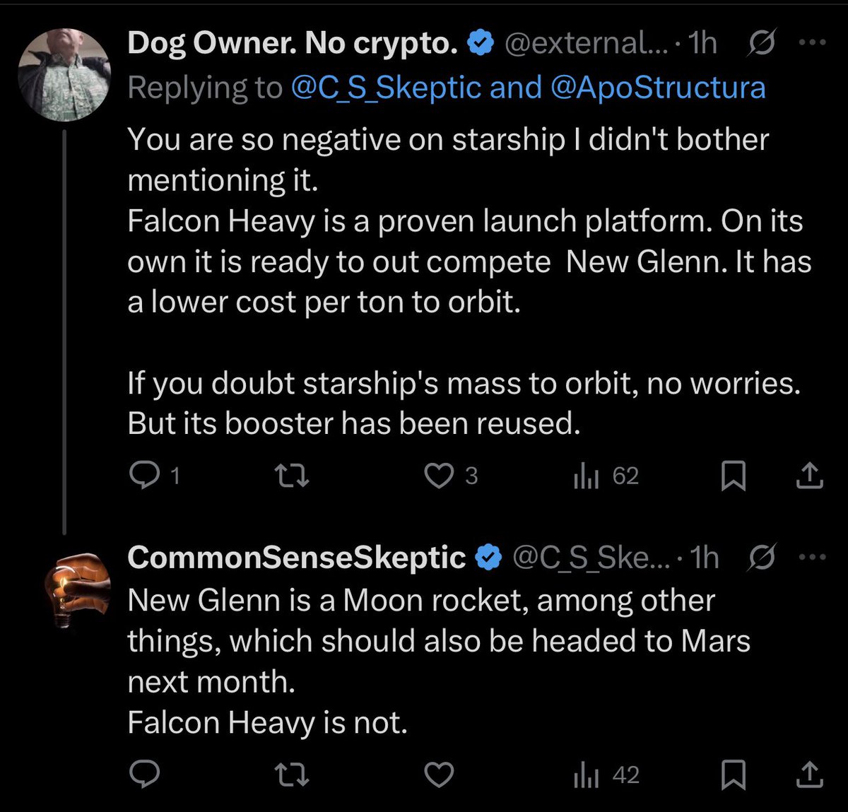 TheCSSSkeptic's tweet image. I said I would quit, but @C_S_Skeptic stupidity knows no bounds. His cope in the face of SpaceX success makes me want to continue to point and laugh at him.
CSS: “New Glenn is a moon rocket and maybe more. FH is not going to Mars”

Nah, it’s going to Jupiter instead you clown.…