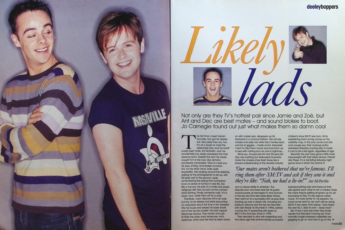 TvDidYouSee's tweet image. From 18 October 2000 - More! magazine
LIKELY LADS - Not only are they TV's hottest pair, but #AntAndDec are best mates - and sound blokes to boot. Just what makes them so damn cool?
A BIT OF POSH! With Groovejet, #SophieEllisBextor showed Posh Spice who was No. 1!