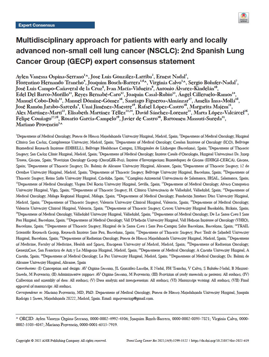 Multidisciplinary consensus forearly and locally advanced non-small cell lung cancer (NSCLC): 2nd Spanish Lung Cancer Group (GECP) expert consensus statement. Published in Transl Lung Cancer Res 2025;14(9):3299-3322 | dx.doi.org/10.21037/tlcr-…
<a href="/gecp_org/">Grupo Español de Cáncer de Pulmón</a> <a href="/Hospital_FJD/">Fundación Jiménez Díaz</a> <a href="/UAM_Madrid/">UAM Autónoma Madrid</a>
