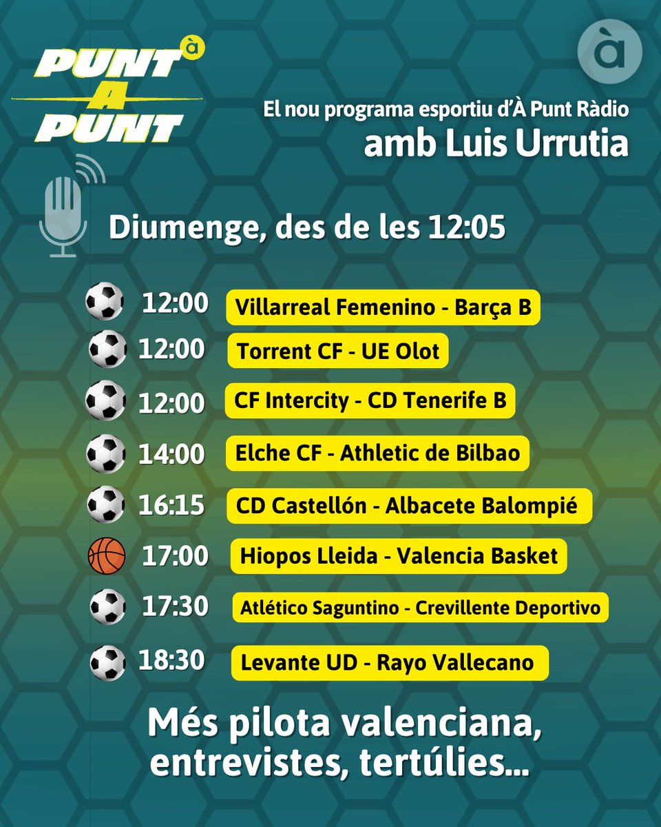 🍿 Menú de diumenge al <a href="/PuntaPunt_/">Punt a Punt</a> 

📻🔛 Des de les 12:05 vos esperem en <a href="/apunt_media/">À Punt</a> 👉🏼 <a href="/apuntesports/">À Punt Esports</a>