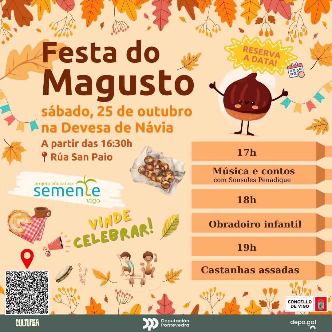 O próximo sábado celebramos o Magusto🔥🌰 na Devesa de Návia. Teremos música e contos, obradoiro infantil e muitas castanhas! Vinde com ganas de festa!!

🗓️Sáb 25 Out 🕞16h30
📌Devesa de Návia, r/Sam Paio

#EscolasSemente #Galego #Vigo #Navia #Návia #magusto #magosto #sementevigo