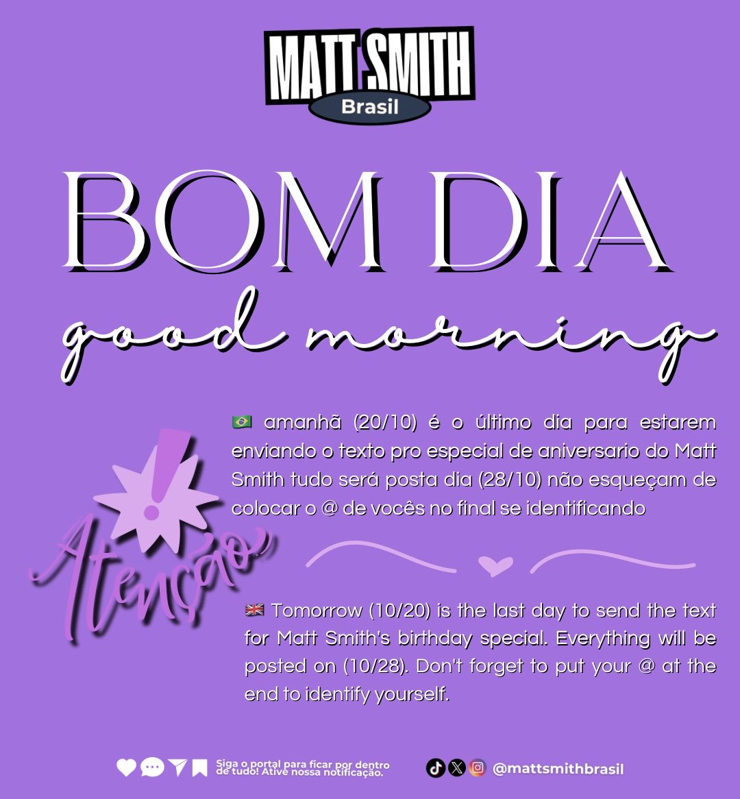 mattsmithbrazil's tweet photo. 🚨🚨🚨🚨🚨🚨🚨🚨🚨🚨

🫂Mande um texto especial dizendo o quanto o Matt significa pra você e desejando um feliz aniversário para ele.

📥 Envie pelo e-mail mattsmithbr_@outlook.com ou por DM (https://t.co/AloQRG1tqI) (https://t.co/PB6HuMe2hj) 

#MattSmith #HappyBirthdayMattSmith https://t.co/evcMzzSF1k