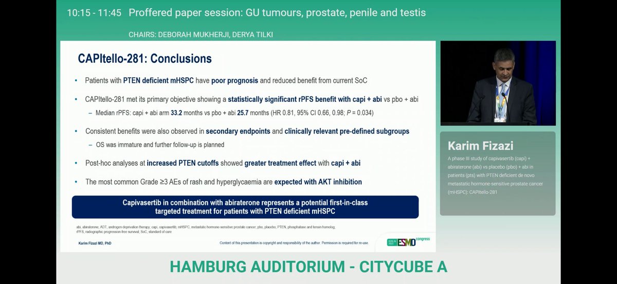 Proud to have participated in the biomarker driven CAPITELLO trial, presented by Dr. Fizazi, showing significant rPFS benefit with capi + abi vs pbo + abi in PTEN deficient mCSPC. Another biomarker challenge is on the horizon as elegantly highlighted by <a href="/Ecastromarcos/">Elena Castro</a> #ESMO25