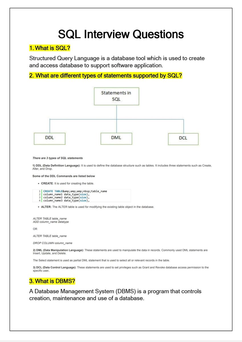 Bharambe2Kiran's tweet image. 𝐋𝐞𝐚𝐫𝐧 𝐒𝐐𝐋 𝐁𝐚𝐬𝐢𝐜 𝐭𝐨 𝐀𝐝𝐯𝐚𝐧𝐜𝐞𝐝 𝐟𝐫𝐞𝐞 🆓
𝐒𝐐𝐋 𝐁𝐚𝐬𝐢𝐜 𝐭𝐨 𝐀𝐝𝐯𝐚𝐧𝐜𝐞𝐝 𝐍𝐨𝐭𝐞𝐬
Mandatory Bookmark 🔖
To better understand SQL language, it is recommended to go through an SQL mind map in SQL training.
Thread 🧵 1
