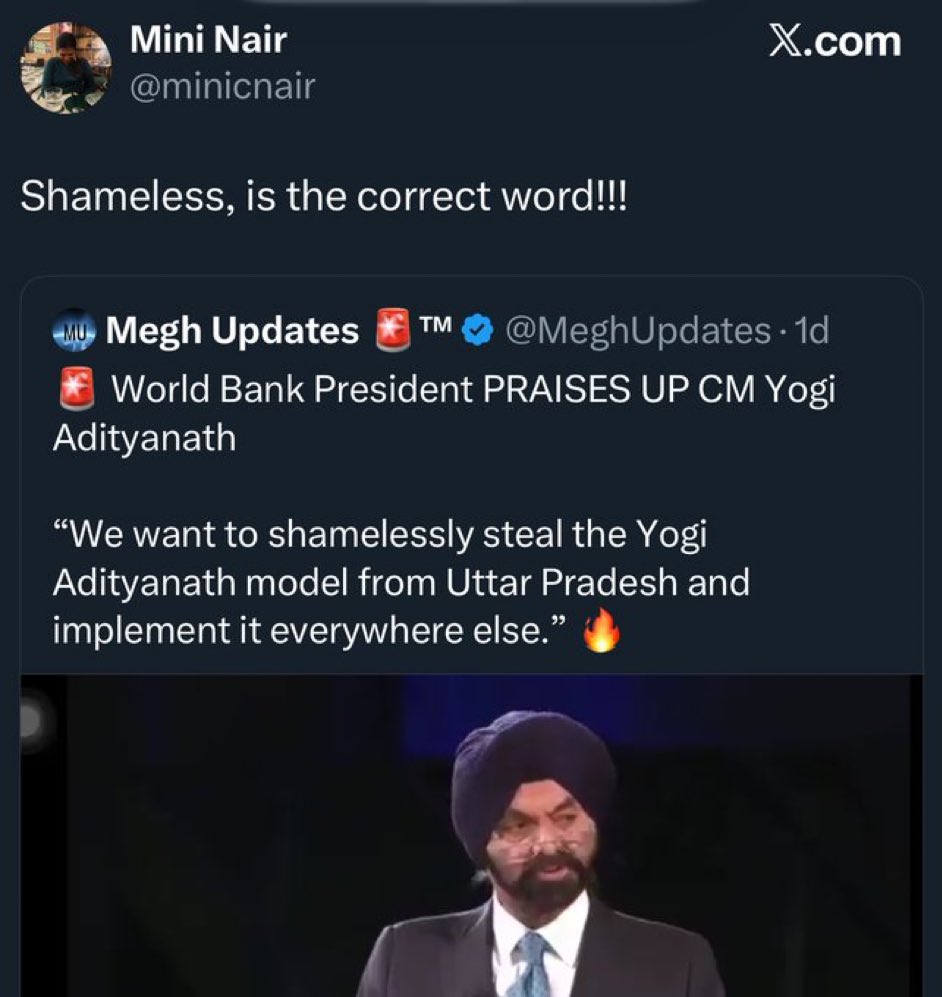 Mini Nair <a href="/minicnair/">Mini Nair</a> from bankrupt Kerala is mocking World Bank President because he correctly praised UP, India’s number 1 revenue surplus state &amp; said we should steal the Yogi Model to pull all states out of revenue deficit 

The coward LeLi has blocked me for showing her the
