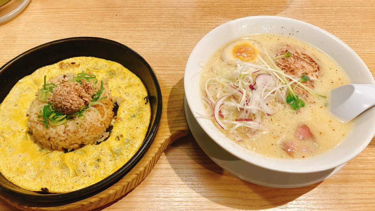 sirap_461's tweet image. 濃厚鶏白湯そば＋鉄板玉子チャーハンセット@丸源ラーメン