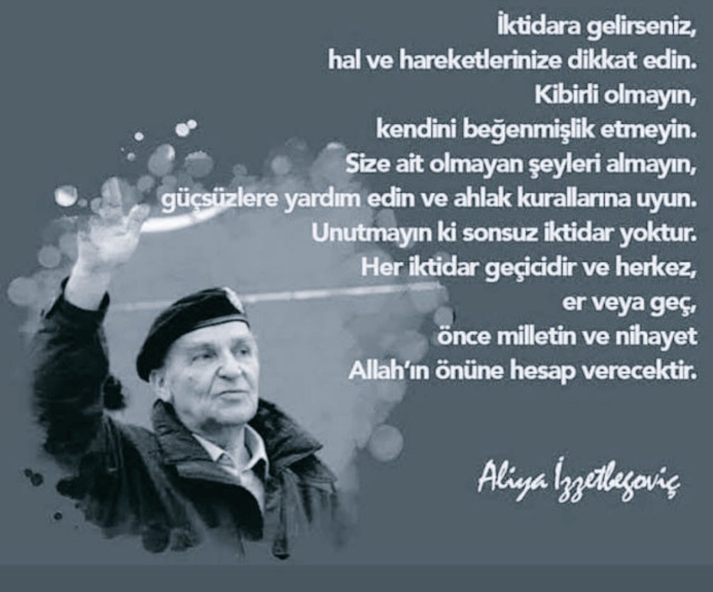 Ve herşey bittiğinde, hatırlayacağımız şey; düşmanlarımızın sözleri değil,
dostlarımızın sessizliği olacaktır.

ALİYA İZZETBEGOVİÇ #BilgeKral
8 Ağustos 1925 &amp; 19 Ekim 2003 
Rahmet Minnet ve Şükranla. 🤲