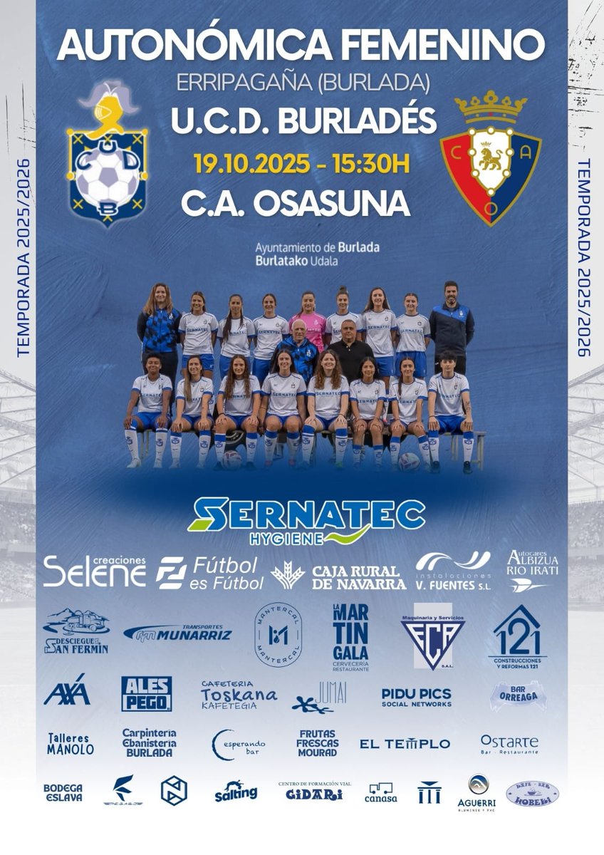 🗓️ 𝐃𝐈𝐀 𝐃𝐄 𝐏𝐀𝐑𝐓𝐈𝐃𝐎𝐒

Nuestro preferente busca volver a sumar de 3 esta tarde en su visita a Mutilva

Nuestro primer equipo femenino busca dar la sorpresa ante Osasuna para seguir en esos puestos de arriba.

#Cantera |🔷⬜