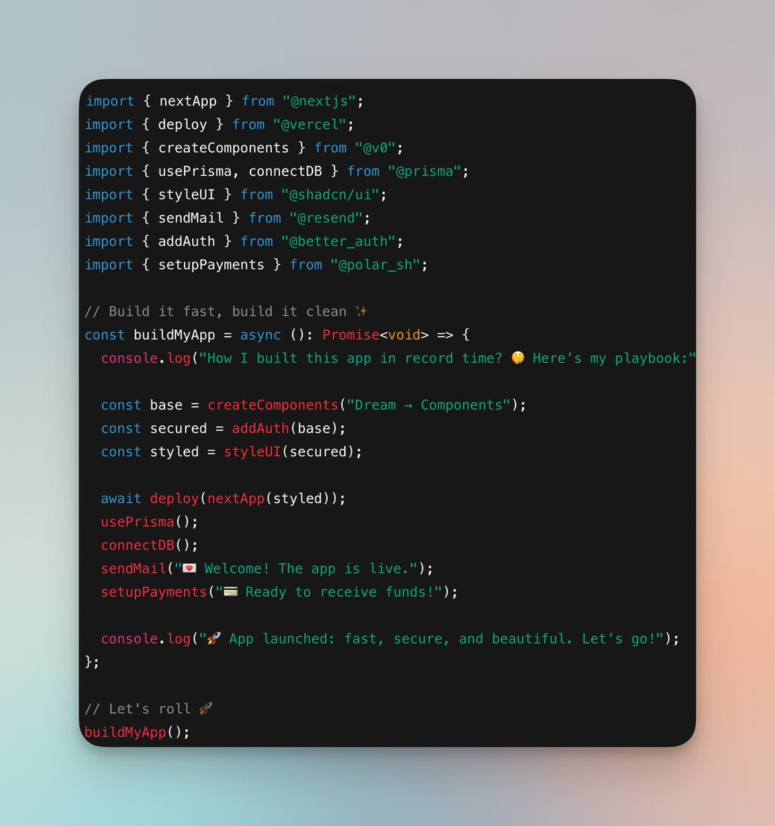 CodeHagen's tweet image. My go-to stack to ship fast ✨
Been using this for 2 years - Built over 15 projects with it
Tech Stack:
🌐 App: @nextjs
☁️ Hosting: @vercel
🧩 Components: @v0
🗂️ ORM: @prisma
🛢️ DB: @prisma
🎨 UI: @shadcn
✉️ Mail: @resend
🔒 Auth: @better_auth
💳 Payments: @polar_sh