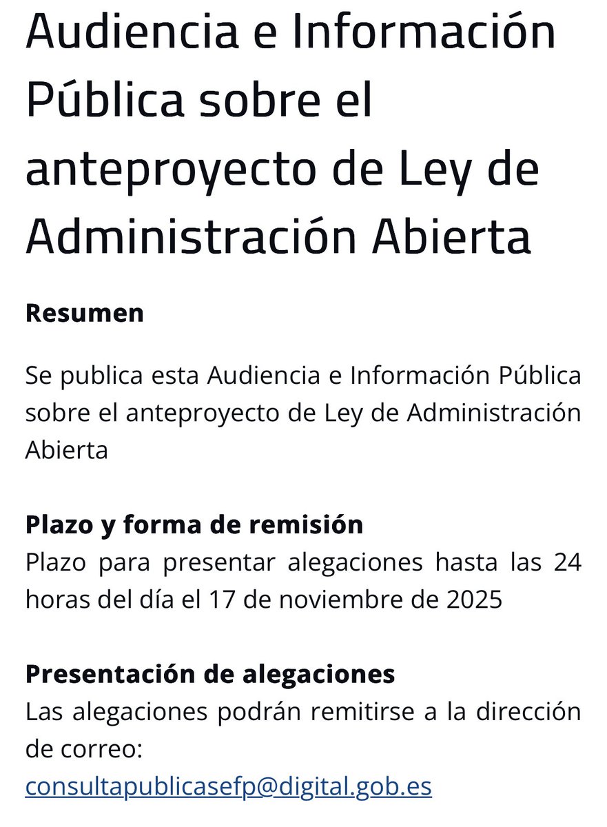 Hasta el 17/11/2025, puedes presentar alegaciones al texto del Anteproyecto de Ley de Administración Abierta short.do/ut3dtX No dejes pasar esta oportunidad. Estamos a tiempo de proponer mejoras #transparencia