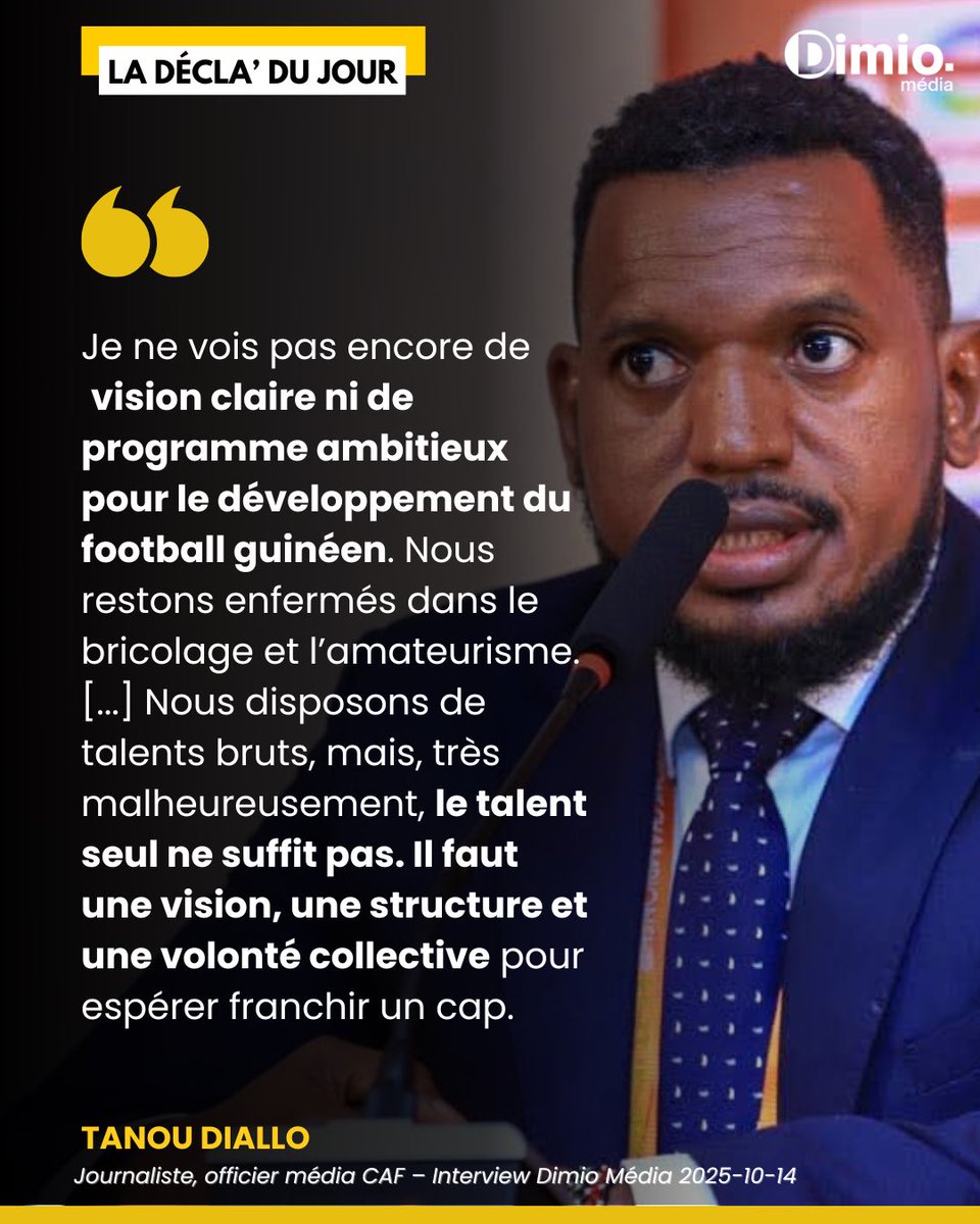 Dimio Média (@dimiomedia) on Twitter photo 🗣 LA DÉCLA’ DU JOUR | Pour <a href="/TanouDiallo18/">Tanou Diallo</a>, journaliste et officier média CAF, l’échec du #SyliNational pour la #CAN2025 et le #Mondial2026 est le reflet d’un système défaillant.
📍 16h sur <a href="/DimioMedia/">Dimio Média</a> :
📰 « Syli National : Ni CAN, ni Mondial… autopsie d’un naufrage »
#Guinée 🗣 LA DÉCLA’ DU JOUR | Pour <a href="/TanouDiallo18/">Tanou Diallo</a>, journaliste et officier média CAF, l’échec du #SyliNational pour la #CAN2025 et le #Mondial2026 est le reflet d’un système défaillant.
📍 16h sur <a href="/DimioMedia/">Dimio Média</a> :
📰 « Syli National : Ni CAN, ni Mondial… autopsie d’un naufrage »
#Guinée