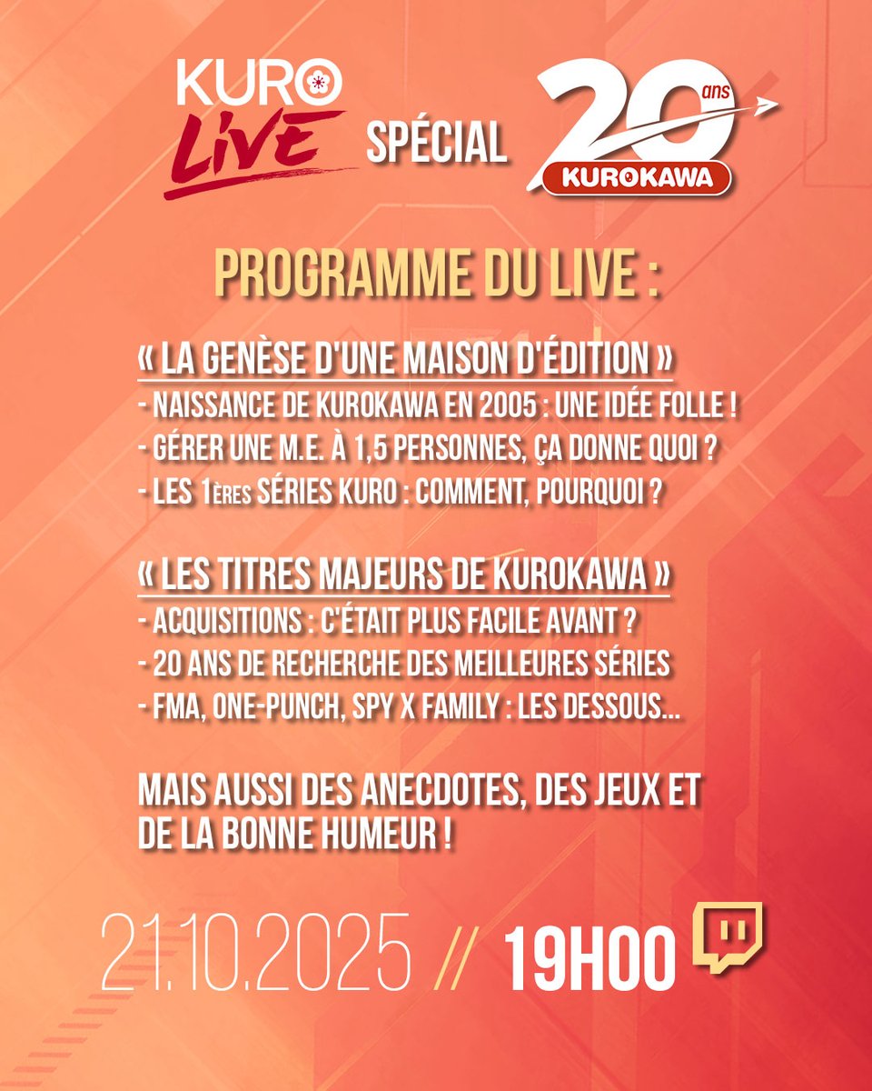 Editions Kurokawa (@kurokawa) on Twitter photo 🎇 #KuroLive spécial 20 ans 🎇 
Les invités, le programme et une magnifique figurine à gagner durant le live ! 
Rendez-vous mardi à 19h sur Twitch ➡ twitch.tv/editionskuroka…
Pensez à activer le rappel 🔔 pour ne rien manquer ! 🎇 #KuroLive spécial 20 ans 🎇 
Les invités, le programme et une magnifique figurine à gagner durant le live ! 
Rendez-vous mardi à 19h sur Twitch ➡ twitch.tv/editionskuroka…
Pensez à activer le rappel 🔔 pour ne rien manquer !