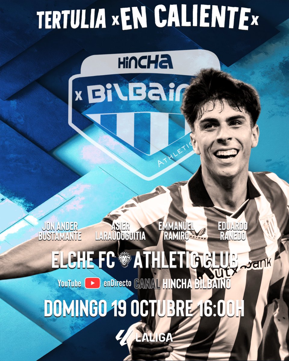 Esta tarde a las 16:00 h.

Al finalizar el partido <a href="/elchecf/">Elche Club de Fútbol</a> - <a href="/AthleticClub/">Athletic Club</a>

Tertulia zurigorri #EnCaliente 

YouTube canal   #HinchaBilbaino

Comentaristas: <a href="/jabustamante001/">Jon Ander Bustamante</a>, #AsierLaraudogoitia, <a href="/emmanuelrf/">Emmanuel Ramiro</a> y <a href="/EduardoRanedo/">Eduardo Ranedo</a> 

Moderador: Alfredo Casas

¡Estáis convocad@s!