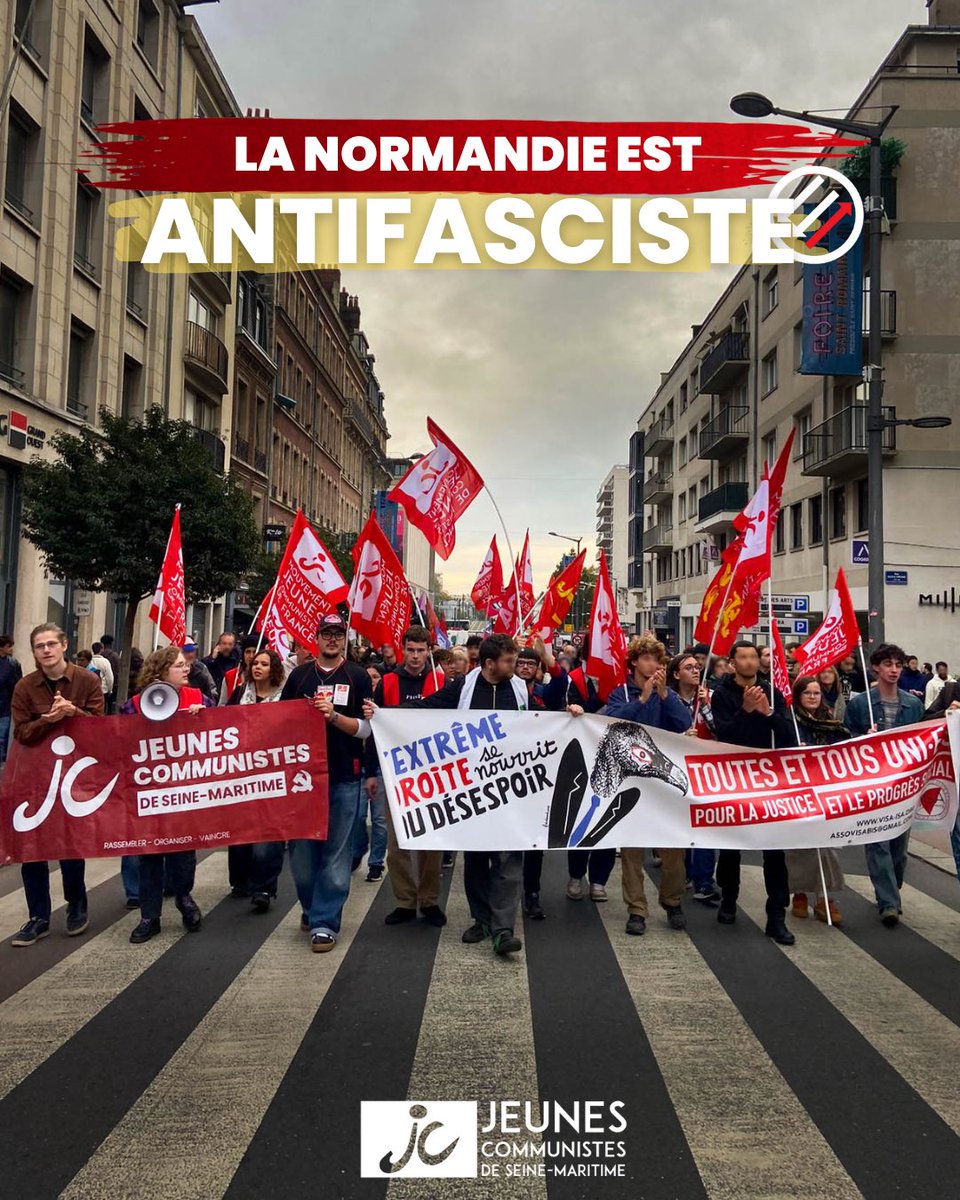 🔴LA NORMANDIE EST ANTIFASCISTE

Plus de 600 personnes se sont mobilisées à Rouen à l'appel des organisations antifascistes de Seine-Maritime contre le défilé fasciste qui s'est tenu à Rouen, avec le soutien de la Préfecture.

Pour toujours et à jamais : Rouen est antifasciste !