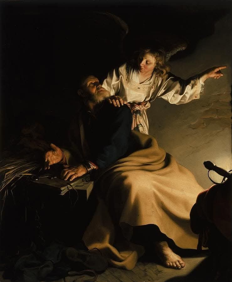 Abraham Bloemaert's "The Liberation of Saint Peter" (circa 1625) captures the biblical miracle of Peter's escape, illuminated by an angel's divine light in a shadowy prison. Using chiaroscuro, Bloemaert contrasts the angel's glow with the dark, oblivious guards, blending Dutch