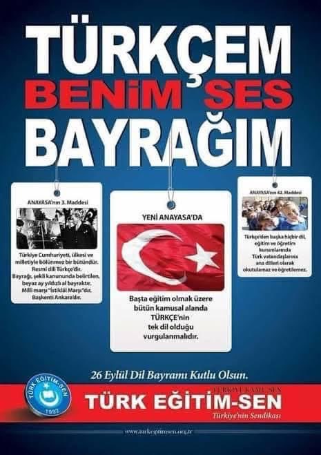 Türk Eğitim Sen var oldukça ‘Türkçem’ bizlerin ses bayrağı olarak yükselecektir.
Anayasa ile,Türkiye Cumhuriyeti devletinin dili TÜRKÇEDİR;
denilmiştir.
Konu 
kapanmıştır.
#Türkçe