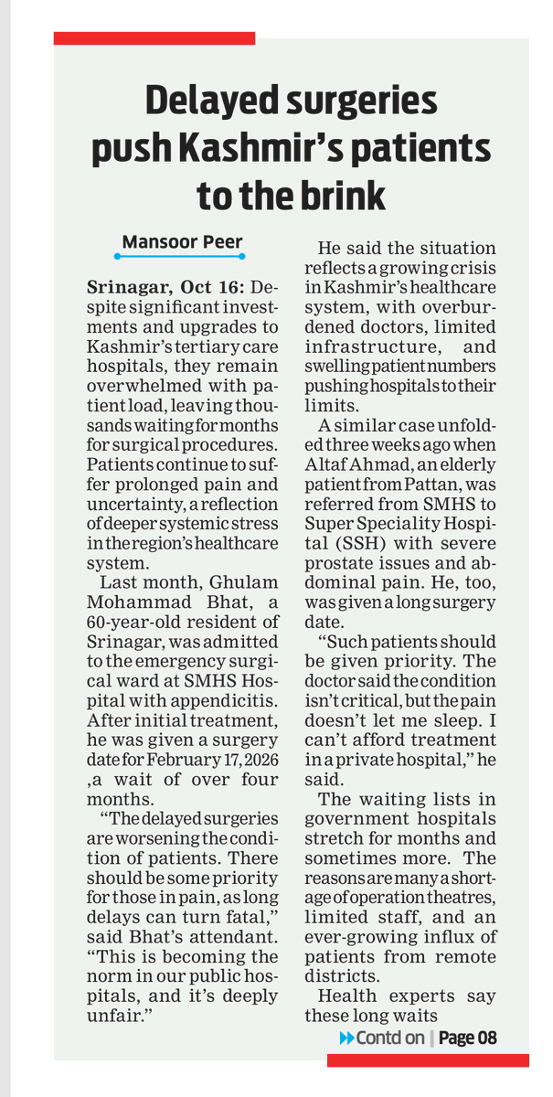 PeerzadaMansoor's tweet image. Patients wait in pain as surgery delays plague Kashmir hospitals

risingkashmir.com/patients-wait-…

#Kashmir #hospitals #delayed #surgeries
The Rising Kashmir Dhsk Desk Kashmir Health &amp;amp; Medical Education J&amp;amp;K Sakina Itoo
