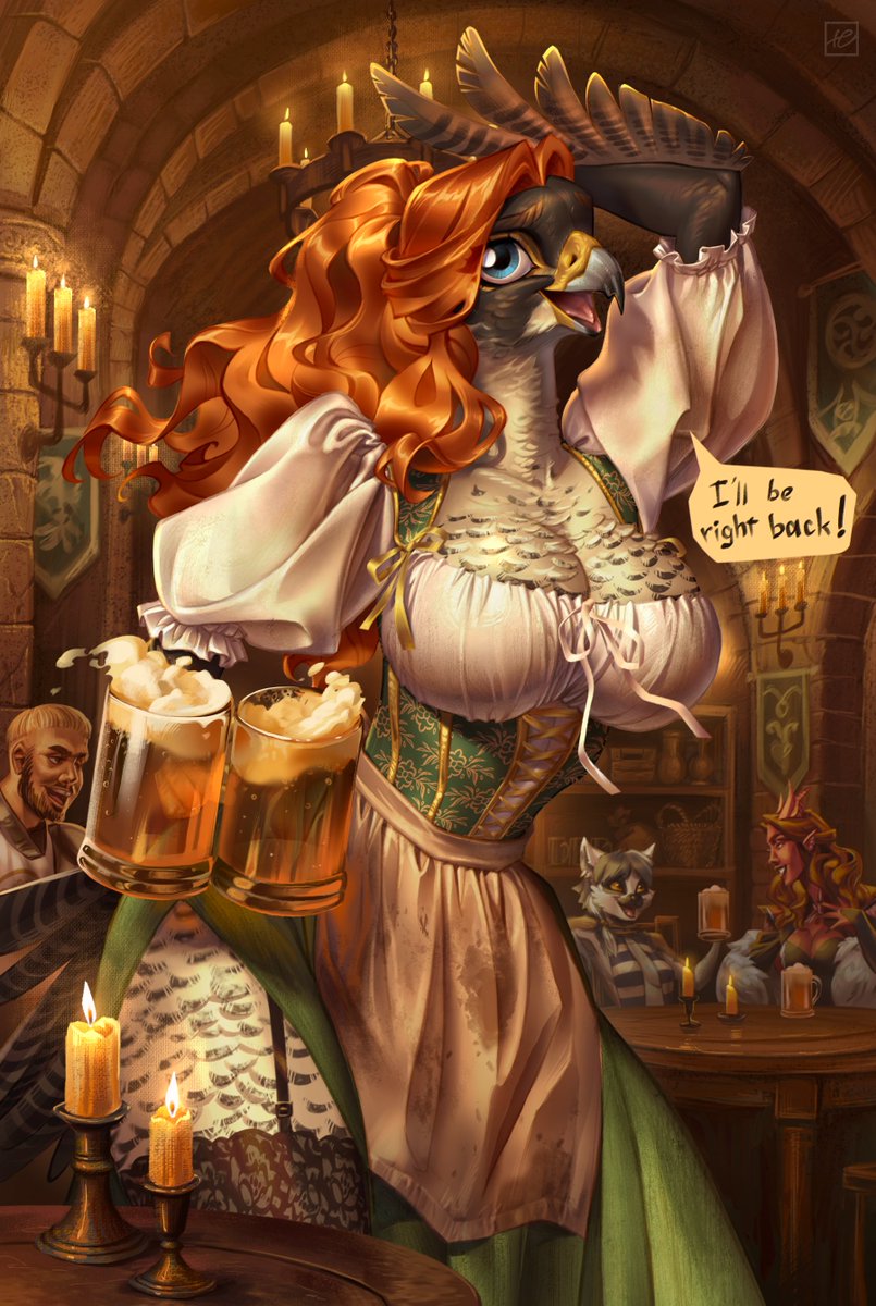 Pell, falcon birdfolk hailing from the Jewel Desert and current bartender of the Eternal Caravanserai. Providing companionship and safety and good drink

For <a href="/Taedimea/">Tae-Tae</a> #holivi #furryartist #falcon