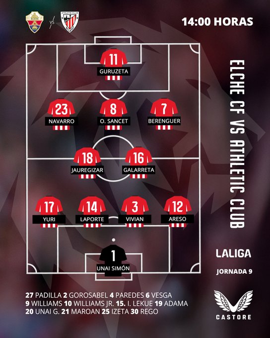 Graphic displays soccer field with home team formation in red and white kit numbers and player names including 1 Unai Simon in goal 4 Dani Vivian 18 Oscar de Marcos 23 Ander Herrera 11 Alex Berenguer 17 Yuri Berchiche 14 Guruzeta 16 Mikel Jauregizar 27 Paredes 3 Imanol and away team in blue with 20 Unai 21 Williams 25 Lekue 30 Zeta 9 Adama positioned against each other La Liga Jornada 9 branding at bottom with date 27 PAdilla GOrOsA and sponsor logos visible