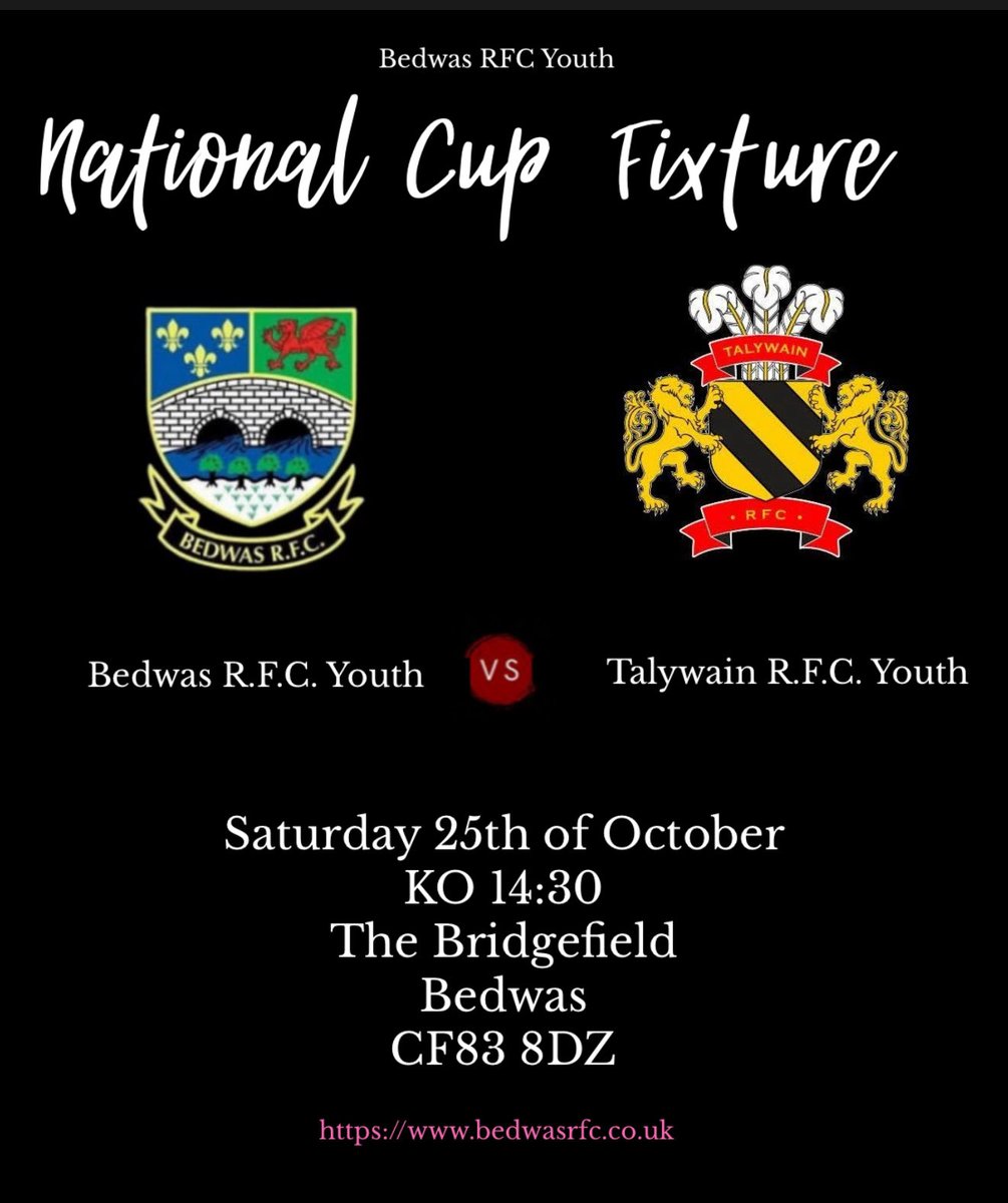 Bedwas RFC Youth kick off their National Cup campaign against Talywain RFC Youth at the Bridgefield next Saturday 14:30 KO. 
Come along and support the Bedwas Boys ⚫️⚪️
#wassyouth