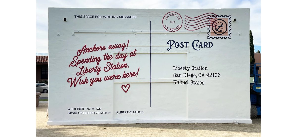 1610captain's tweet image. How is the for #postcardsunday ? A #postcard mural on the front and back sides of a building on ⁦@libertystation⁩ in San Diego. ⁦@USNavy⁩ has it right.