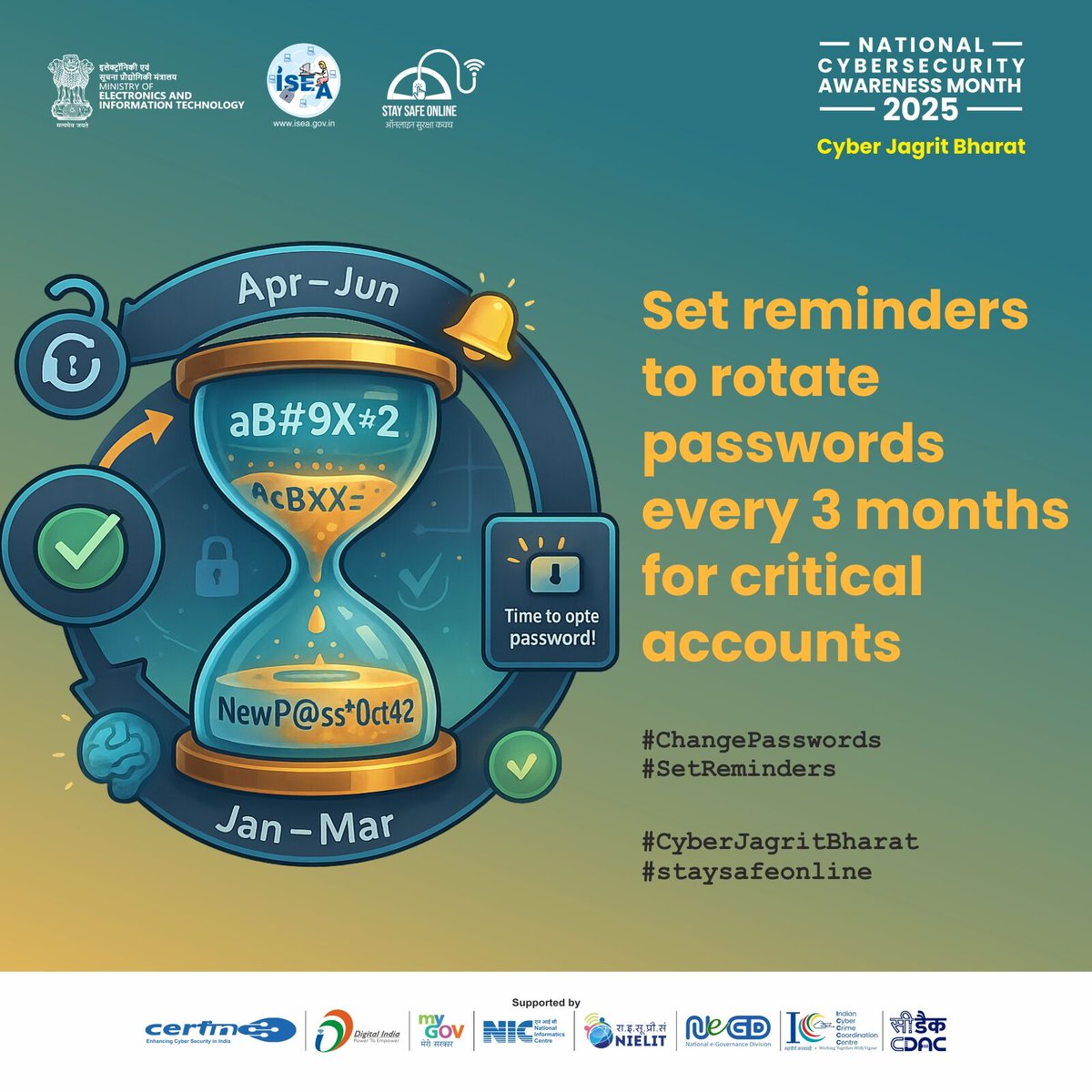 SSOIndia's tweet image. Do you remember when you last changed your password? 🤔🔐
Regular password rotation keeps hackers guessing and your data safe. Set reminders and stay one step ahead! ⏳💻

#CyberSecurity #PasswordProtection #StaySafeOnline #CyberAwareness #CyberJagritBharat #DigitalSafety…