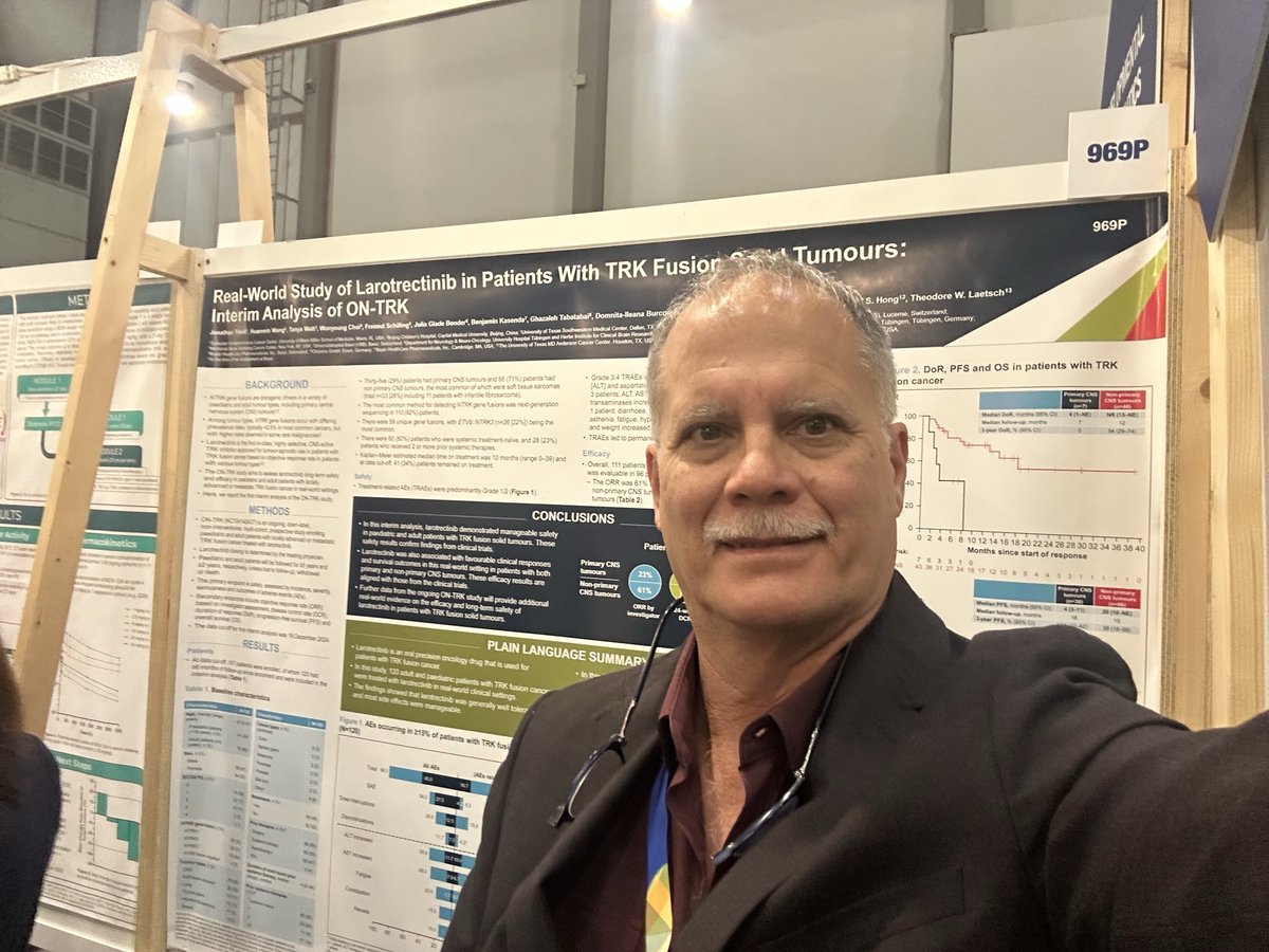 JTrentMDPhD's tweet image. Let’s talk about TRK-translocated #Sarcoma #GIST and other solid tumors
NonCNS
ORR 61%
mPFS 20 mo
mOS Not Reached at 15mo FU
3 yr OS 54%
@myESMO #ESMO2025 @SylvesterCancer