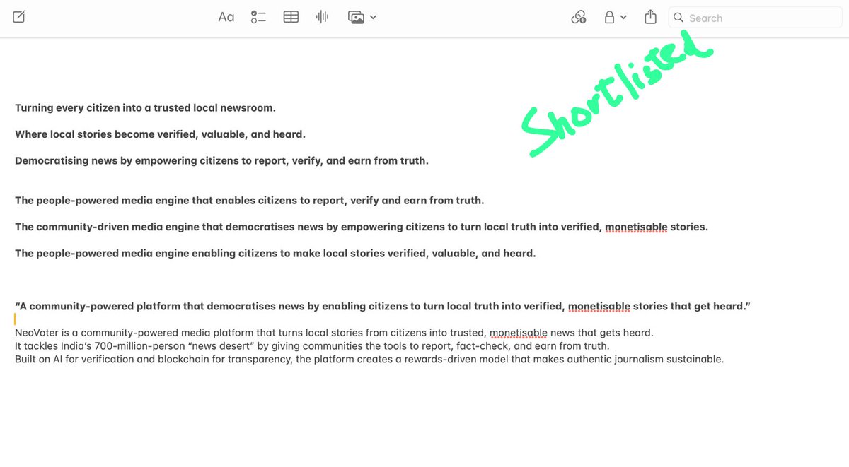 PoisedEccentric's tweet photo. Working on finding the perfect one-liner for @NeoVoter.

They say when crafting a pitch, the first 20 versions are usually trash.
But somewhere between frustration and clarity, the real story starts to speak.

Week 1 deliverable for @theresidency @enterdelta #DeltaResidency https://t.co/Ngds1E8SFw